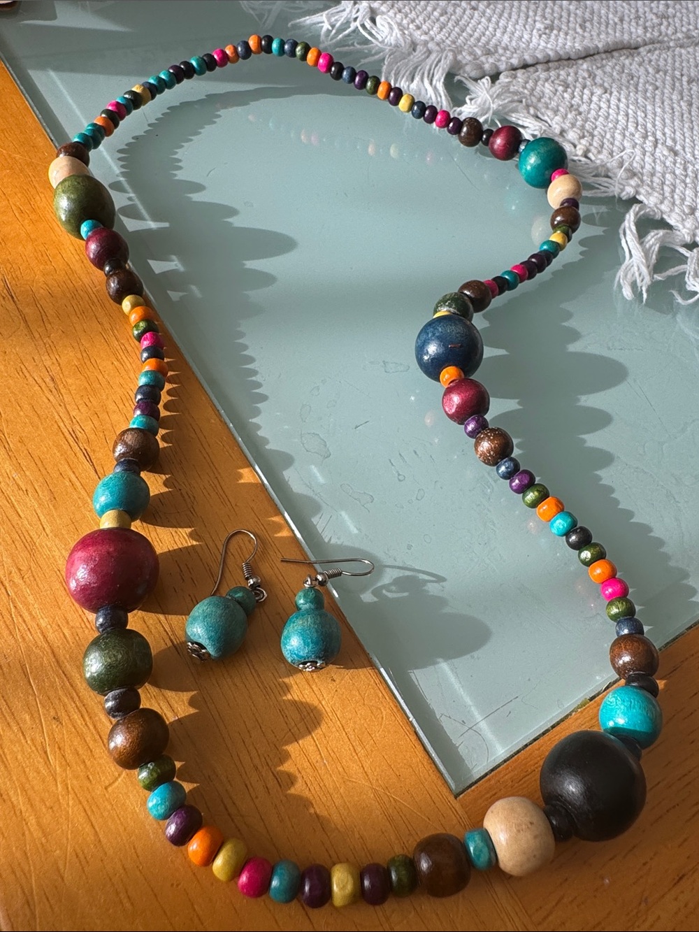 Boho Multicolor Wooden Beaded Necklace with Turquoise Accent Earrings